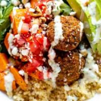 Mediterranean Bowl · Falafel, organic hummus, green goddess salad (kale, cucumbers, mixed greens) roasted tomatoe...