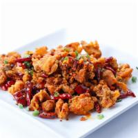 Spicy Crispy Chicken / 霸王辣子鸡 · Medium spicy. Green and red hot pepper, peanuts.