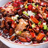 Poached Beef & Veggie Sichuan Style / 水煮牛 · Medium spicy. Minced dried chili, Sichuan peppercorns, minced garlic, Napa cabbage, garlic s...