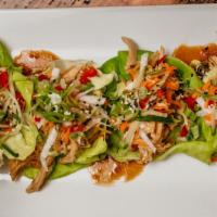 Bibb Lettuce Wraps - Chicken · Shredded chicken, Thai chili sauce, hoisin, peanuts, peppers, carrots  and cilantro.