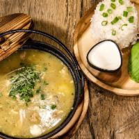 Soup De Jour (Ajiaco) · Hearty colombian chicken soup, yucca, yukon potatoes, sour cream, avocado