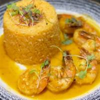 Gambas Al Ajillo · Grilled and charbroiled prawns, garlic sauce, served with Spanish rice
