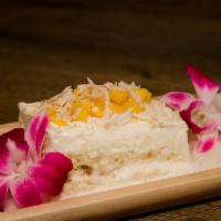 Tres Leches · Citrus sponge cake layered with fresh whipped cream,
mango, lychee soaked in pisco, cinnamon...