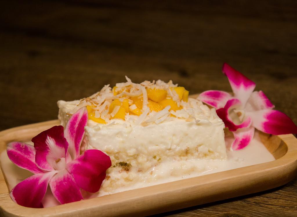Tres Leches · Citrus sponge cake layered with fresh whipped cream,
mango, lychee soaked in pisco, cinnamon, coconut