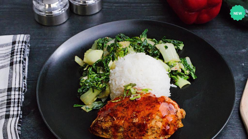 Sweet Chili Chicken · Tender all natural chicken, oven-baked breast brushed with a sweet chili glaze and served with jasmine rice and fresh steamed broccoli.
