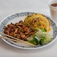 Chicken Teriyaki · Chicken teriyaki grilled with a side of veggies (cabbage and broccoli) and your choice of ri...