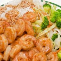 Shrimp Teriyaki · Shrimp teriyaki with onions grilled. Side of veggies (cabbage and broccoli) and your choice ...