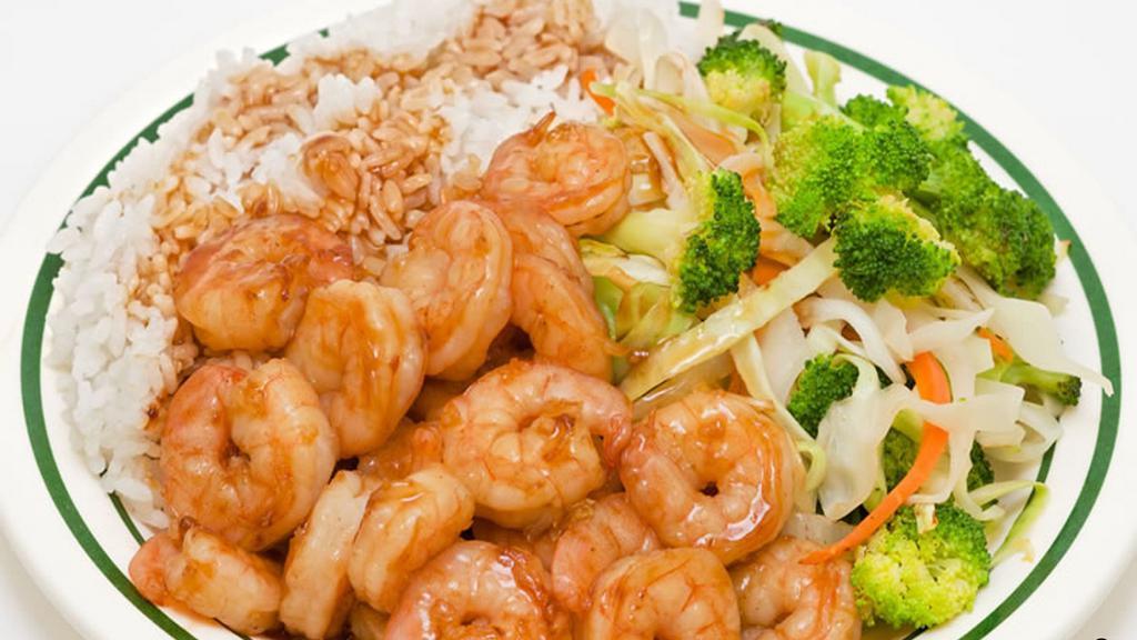 Shrimp Teriyaki · Shrimp teriyaki with onions grilled. Side of veggies (cabbage and broccoli) and your choice of rice.