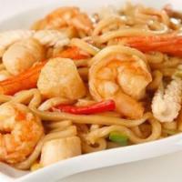 Seafood Yaki Udon · Shrimp, squid, scallop, and crabmeat.