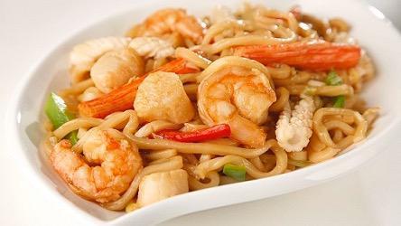 Seafood Yaki Udon · Shrimp, squid, scallop, and crabmeat.