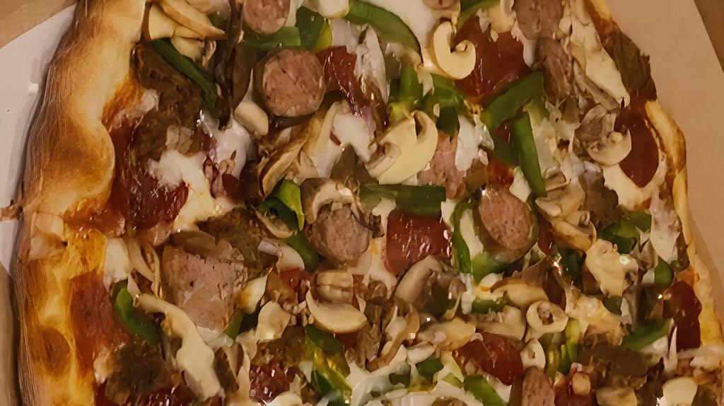 Nonnaz Supreme · With pepperoni, sausage, meatball, green peppers, onions and mushrooms.