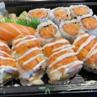 Salmon Extreme · Salmon mango avocado salad, spicy salmon roll, salmon lover roll, and salmon sushi. Served w...