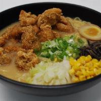 Kara-Age Shoyu Ramen · Soy sauce and vegetable based noodle soup. Served with Japanese fried chicken, cabbage, corn...