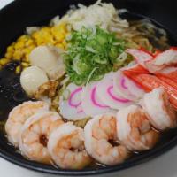 Seafood Shoyu Ramen · Soy sauce and vegetable based noodle soup served with shrimp,kani, scallops and fish cakes.