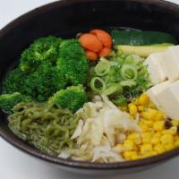 Vegetable Shoyu Ramen · Soy sauce and vegetable based vegan noodle soup. Served with tofu, broccoli, baby carrots, z...