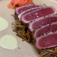 Sashimi Tuna · Served Cold - Seared Rare Sesame Crusted Tuna, Gochujang (spicy) soba noodles, scallions, pi...