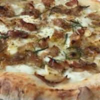 Porchetta Pizza · slow roasted pork belly and loin, broccoli rabe, hot banana peppers, vermont sharp cheddar, ...