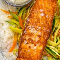 Pan Seared Salmon · Julienne vegetables, basmati rice, lemon caper beurre blanc