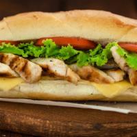 Grilled Chicken Hero Sub Sandwich · Delicious Sub sandwich made with Grilled Chicken. Served with a side of Potato chips, pickle...