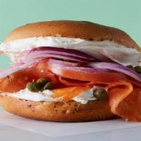 The Salmon Classic · Catsmo Smoked Salmon, Cream Cheese, Tomato, Red Onion & Capers on a Wood-Fired Bagel