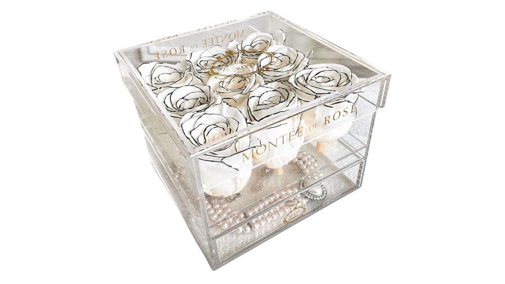 Medium Acrylic Jewelry Box With Drawers · Nine gorgeous eternal roses in a polished, clear acrylic box. A jewelry drawer is hidden beneath the roses for functionality.