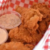 Buttermilk Chicken Tenders · Alabama white bbq sauce and honey mustard.