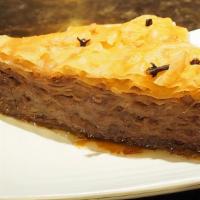 Baklava · Nuts, butter and spices baked in filo Boston Cheesecake pastry, topped with syrup.