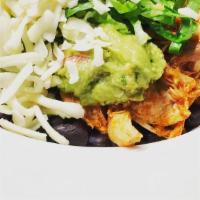 Shredded Beef Burrito Bowl · No tortilla. Includes rice, black beans, guacamole, sour cream, cheese and lettuce, served w...
