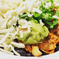 Chorizo Burrito Bowl · No tortilla. Includes rice, black beans, guacamole, sour cream, cheese and lettuce, served w...