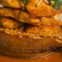 Pollo Patron · Sautéed chicken breast with roasted mushrooms, topped with guajillo pepper creamy sauce and ...