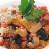 Eggplant With Sauce · Cube of eggplant, tomatoes, pepper and garlic.