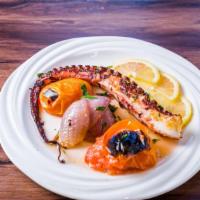 Grilled Portuguese Octopus · Char-grilled octopus, tomato, onion, parsley, olive oil and vinegar.