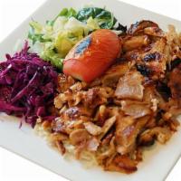 Chicken Gyro · Thinly slices chicken, cooked on rotation spit served with rice and salad.