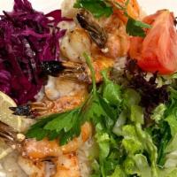 Shrimp Kebab · Char-grilled jumbo shrimp skewers. Served with rice and salad.