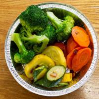 Steamed Mixed Veggies · Broccoli, carrots, and green beans.