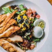 Prospect Salad · Mesclun greens with grilled chicken, hard-boiled egg, bacon, tomatoes, bleu cheese and toppe...