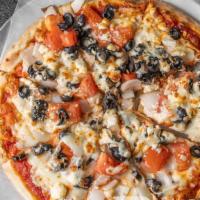 Greek · Feta cheese, tomatoes, red onions, black olives