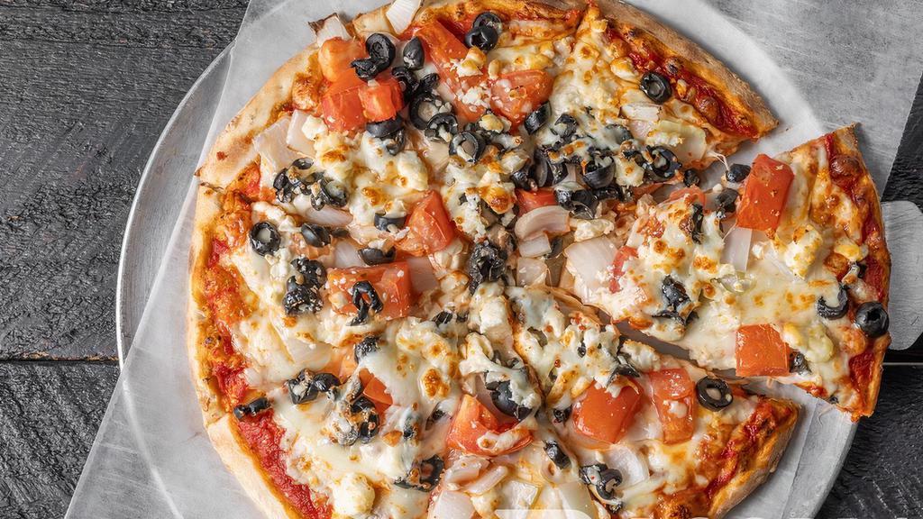 Greek · Feta cheese, tomatoes, red onions, black olives