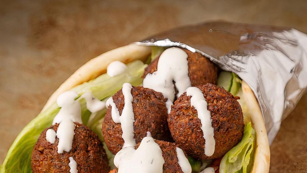 Falafel Gyro · Halal. Meatless sandwich made from chickpeas and spices wrapped in a pita.