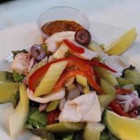 Seafood Salad · Shrimp, calamari, scungilli, peppers, gaeta olives, celery, mixed with olive oil.