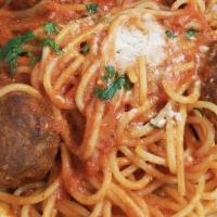 Spaghetti & Meatballs · Spaghetti with our homemade meatballs and tomato sauce.