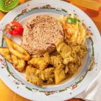 Curry Chicken · Meals served with choice of rice and peas or white rice, steam vegetable and fried sweet pla...