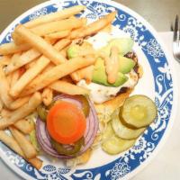 Mexican · Burger with avocado, lettuce, quesillo, pickled jalapeño, onions, and chipotle mayo.