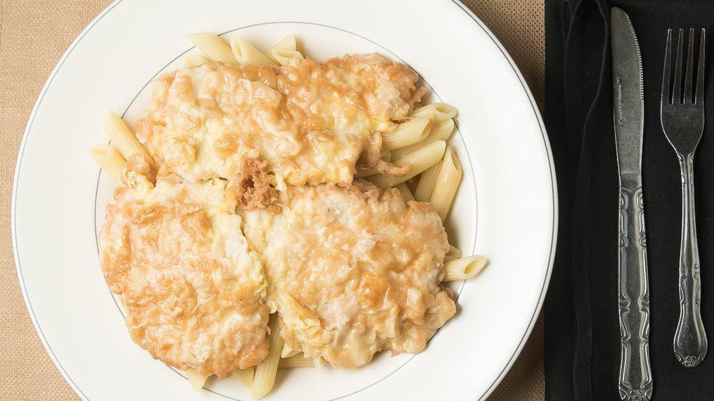 Chicken Francaise · Egg battered in a lemon white wine sauce served with your choice of pasta