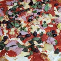 Quattro Stagioni Pizza · Pomodoro sauce, fresh mozzarella, ham, artichoke, mushroom, kalamata olives, fontina, basil ...