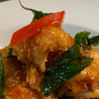 3 Flavors Jumbo Shrimp · Fried jumbo shrimp with Thai three-flavored sauce and steamed vegetable.