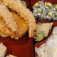 Sushi Bento Box · 5 pieces of assorted of sushi .Served with soup, salad, shumai, shrimp tempura, California r...