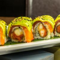 Out Of Control Roll · Shrimp tempura, spicy tuna with a layer of fresh tuna salmon, and a layer of avocado.