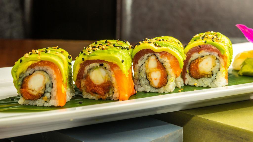 Out Of Control Roll · Shrimp tempura, spicy tuna with a layer of fresh tuna salmon, and a layer of avocado.