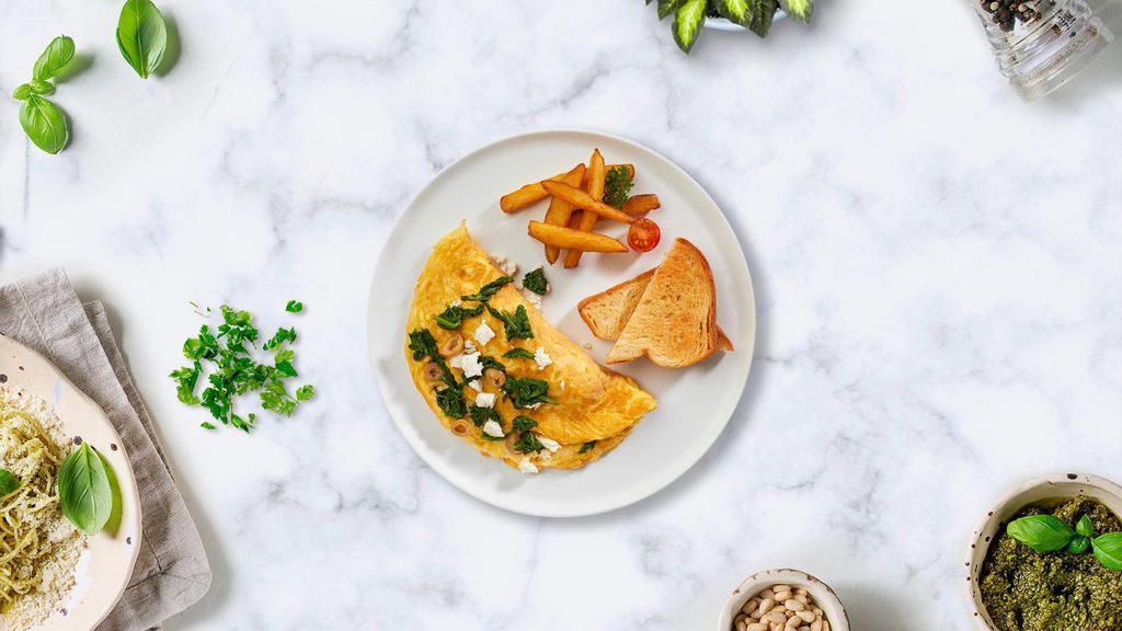 Betta Feta Omelette · Eggs cooked with feta cheese and spinach as an omelette served with toast and home fries.